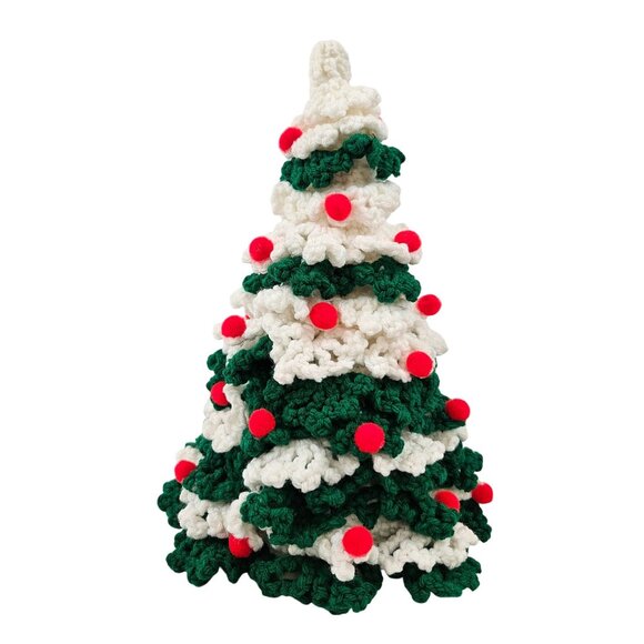 Vintage Crochet Christmas Tree Gree White Yarn Hand Crafted Tree Topper Decor - Picture 2 of 10